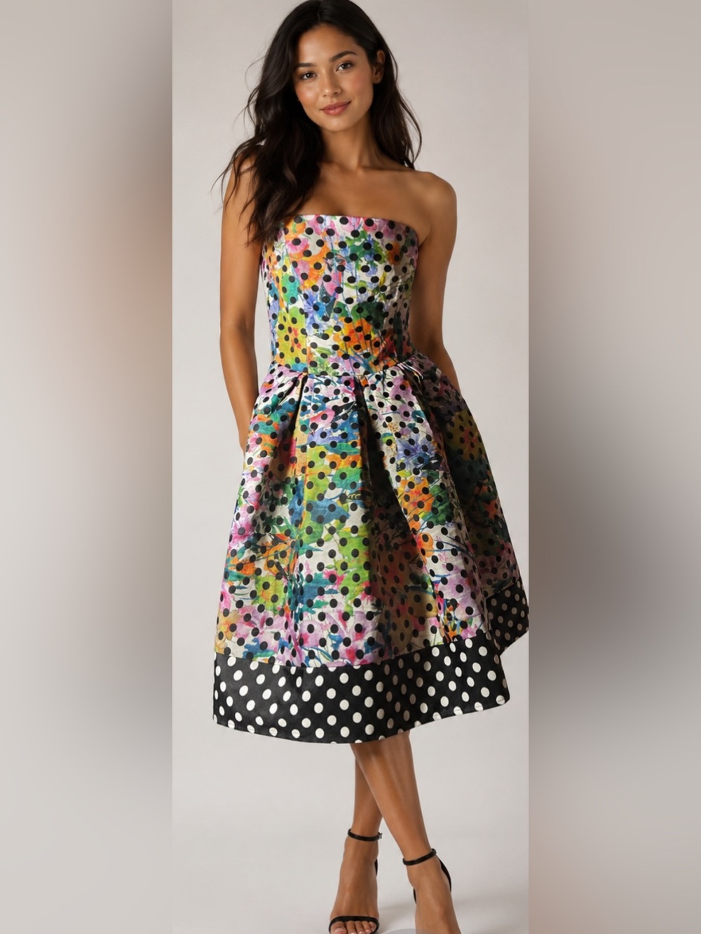 Corey Lynn Calter Multicolor Strapless Polka Dot Midi Dress